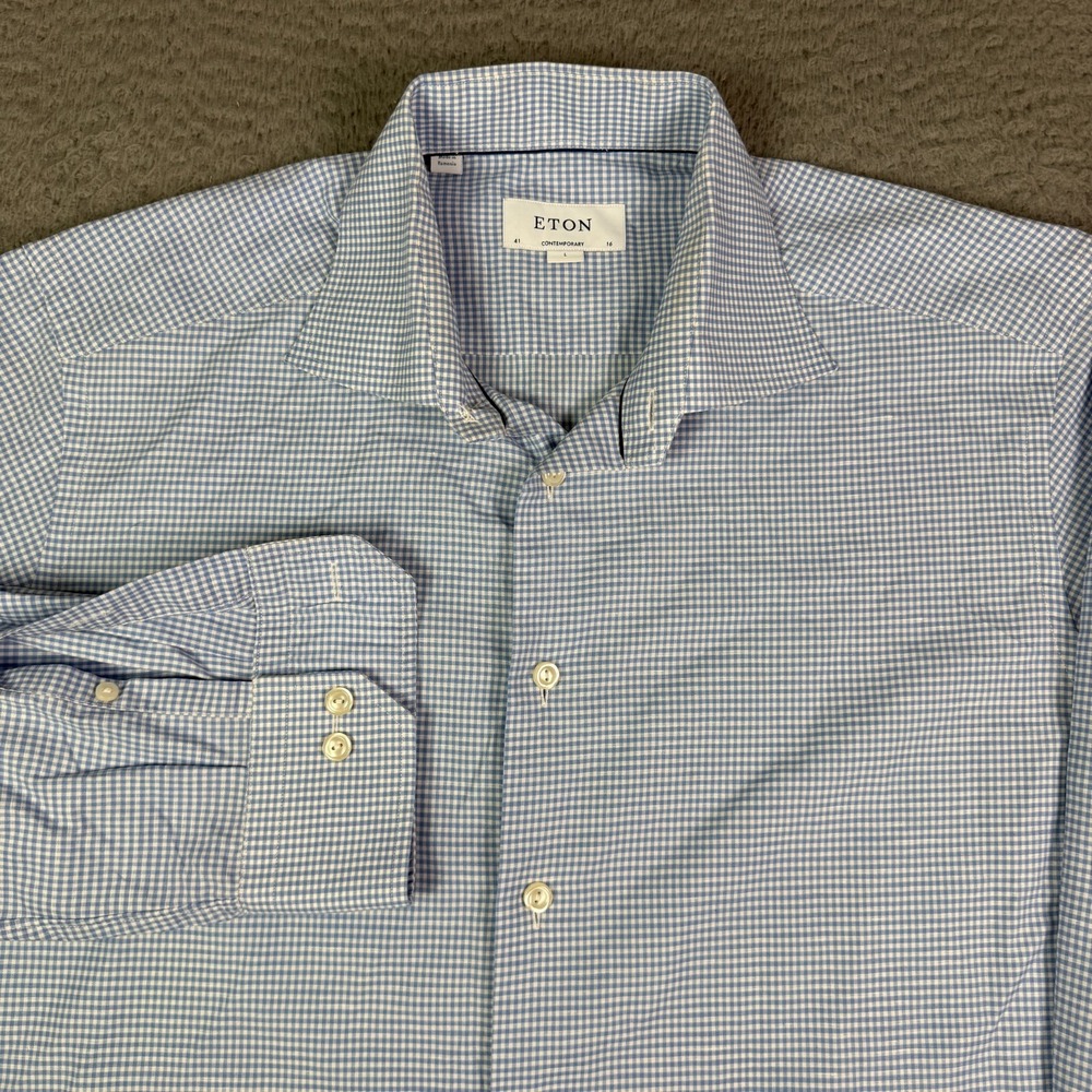 Eton Shirt Mens 16 / 41 (L) Blue Gingham Plaid Check Contemporary Linen Blend